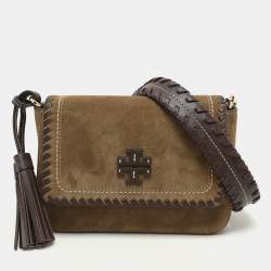 Tory Burch Green Leather and Suede Whipstitch Flap Bag