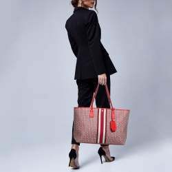 Tory Burch Red Gemini Link Coated Canvas and Leather Top Zip Tote