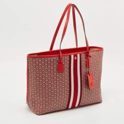 Tory Burch Red Gemini Link Coated Canvas and Leather Top Zip Tote