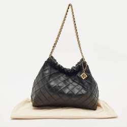 Tory Burch Black Quilted Leather Fleming Drawstring Shoulder Bag