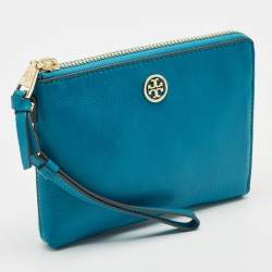 Tory Burch Teal Green Leather Zip Wristlet Clutch