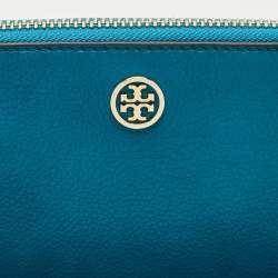 Tory Burch Teal Green Leather Zip Wristlet Clutch