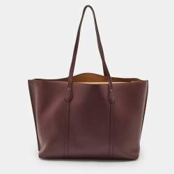 Pre Owned Tory Burch Burgundy Leather Large Triple Compartment Perry Tote