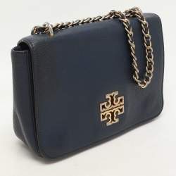 Tory Burch Blue Leather Logo Flap Shoulder Bag