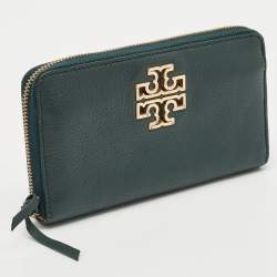 Tory Burch Dark Green Leather Britten Zip Around Wallet