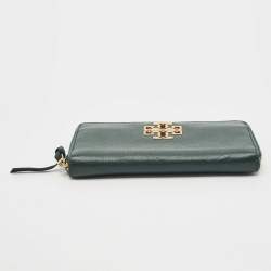 Tory Burch Dark Green Leather Britten Zip Around Wallet