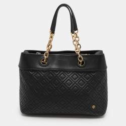 Pre Owned Tory Burch Black Quilted Leather Fleming Chain Tote