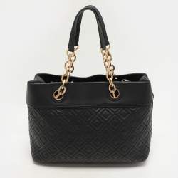 Pre Owned Tory Burch Black Quilted Leather Fleming Chain Tote