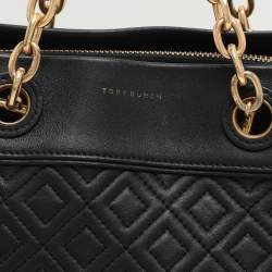 Pre Owned Tory Burch Black Quilted Leather Fleming Chain Tote
