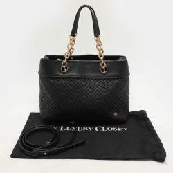 Pre Owned Tory Burch Black Quilted Leather Fleming Chain Tote