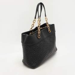 Pre Owned Tory Burch Black Quilted Leather Fleming Chain Tote