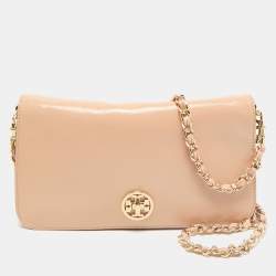 Tory Burch Beige Patent Leather Adalyn Flap Crossbody Bag