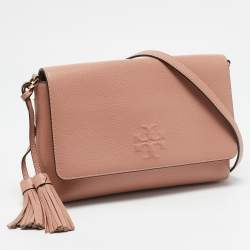 Pre Owned Tory Burch Salmon Pink Leather Thea Fap Crossbody Bag
