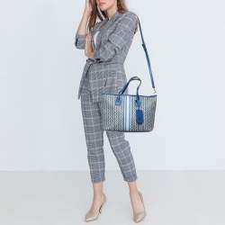 Tory Burch Blue Gemini Link Canvas and Leather Small Top Zip Tote