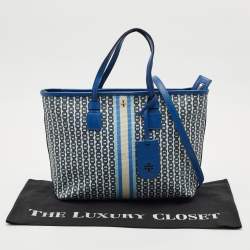 Tory Burch Blue Gemini Link Canvas and Leather Small Top Zip Tote