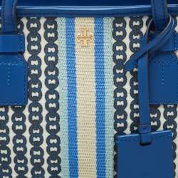 Tory Burch Blue Gemini Link Canvas and Leather Small Top Zip Tote