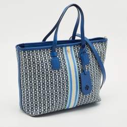 Tory Burch Blue Gemini Link Canvas and Leather Small Top Zip Tote