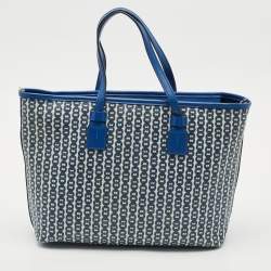 Tory Burch Blue Gemini Link Canvas and Leather Small Top Zip Tote