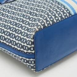 Tory Burch Blue Gemini Link Canvas and Leather Small Top Zip Tote