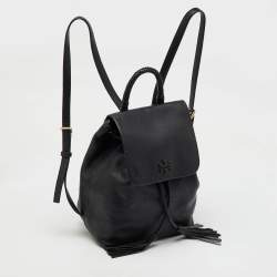 Pre Owned Tory Burch Black Leather Logo Flap Braided Tassel Backpack