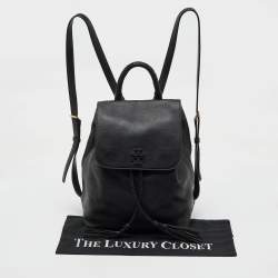 Pre Owned Tory Burch Black Leather Logo Flap Braided Tassel Backpack