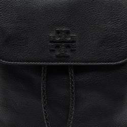 Pre Owned Tory Burch Black Leather Logo Flap Braided Tassel Backpack