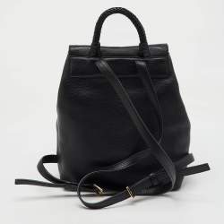 Pre Owned Tory Burch Black Leather Logo Flap Braided Tassel Backpack