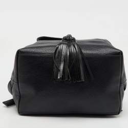 Pre Owned Tory Burch Black Leather Logo Flap Braided Tassel Backpack