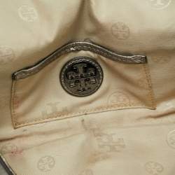 Pre Owned Tory Burch Metallic Grey Leather Logo Embossed Flap Clutch Bag