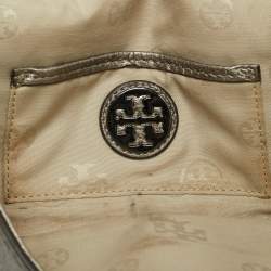 Pre Owned Tory Burch Metallic Grey Leather Logo Embossed Flap Clutch Bag