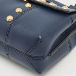 Tory Burch Navy Blue Leather Mini Block-T Studded Top Handle Bag