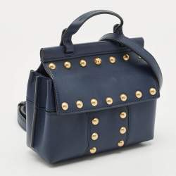 Tory Burch Navy Blue Leather Mini Block-T Studded Top Handle Bag