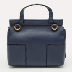 Tory Burch Navy Blue Leather Mini Block-T Studded Top Handle Bag