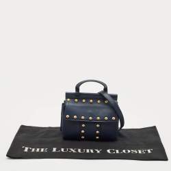 Tory Burch Navy Blue Leather Mini Block-T Studded Top Handle Bag