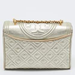 Pre Owned Tory Burch Pale Gold Leather Small Fleming Shoulder Bag