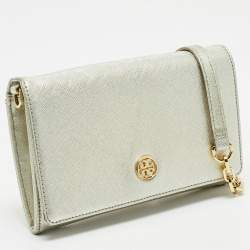 Pre Owned Tory Burch Silver Leather Robinson Wallet On Chain