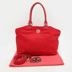 Pre Owned Tory Burch Red Leather and Nylon Tote