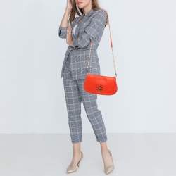 Pre Owned Tory Burch Poppy Red Leather Britten Chain Clutch