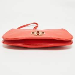 Pre Owned Tory Burch Poppy Red Leather Britten Chain Clutch