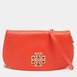 Pre Owned Tory Burch Poppy Red Leather Britten Chain Clutch