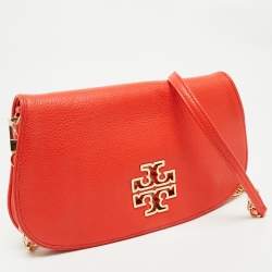 Pre Owned Tory Burch Poppy Red Leather Britten Chain Clutch