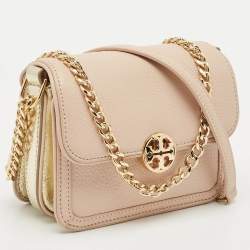 Pre Owned Tory Burch Peach/Gold Leather Duet Chain Shoulder Bag