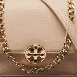 Pre Owned Tory Burch Peach/Gold Leather Duet Chain Shoulder Bag