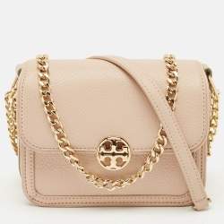 Pre Owned Tory Burch Peach/Gold Leather Duet Chain Shoulder Bag
