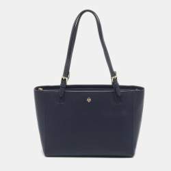 Pre Owned Tory Burch Navy Blue Saffiano Leather York Buckle Tote