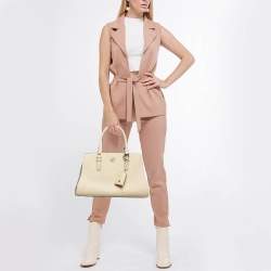 Pre Owned Tory Burch Two Tone Beige Leather Robinson Dome Satchel