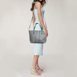 Pre Owned Tory Burch Blue/White Coated Canvas and Leather Geo Logo Allover Tote