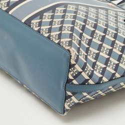 Pre Owned Tory Burch Blue/White Coated Canvas and Leather Geo Logo Allover Tote