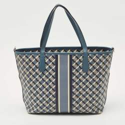 Pre Owned Tory Burch Blue/White Coated Canvas and Leather Geo Logo Allover Tote