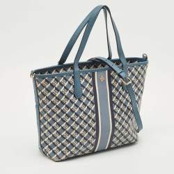 Pre Owned Tory Burch Blue/White Coated Canvas and Leather Geo Logo Allover Tote